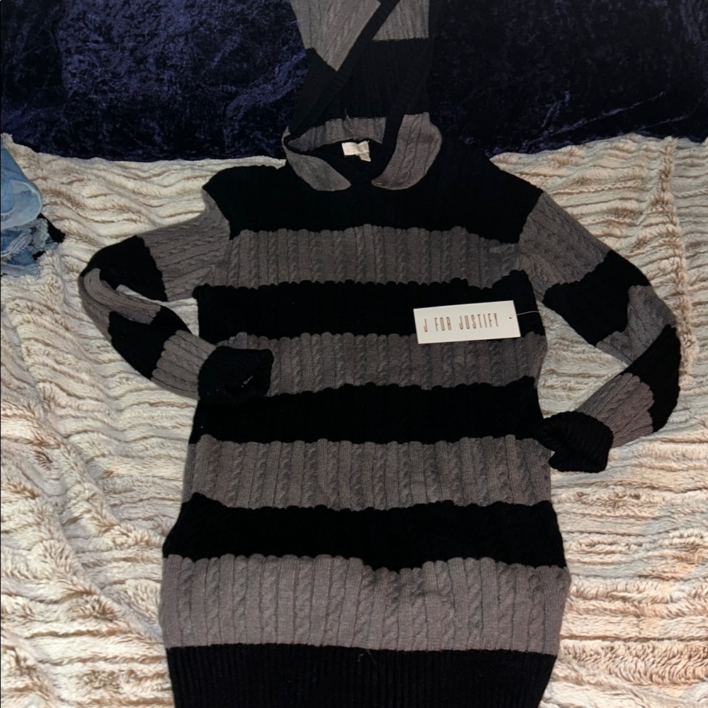 J for Justify Black and Gray Striped Hooded Sweater Dress